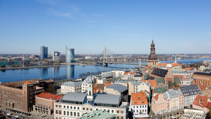 Skyline of Riga in Latvia showing Old Town buildings, church and river